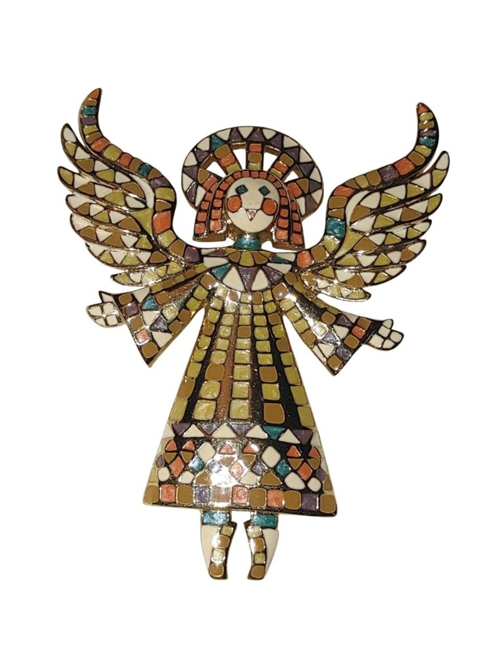 Bob Mackie Mosaic Enamel Angel Brooch Pin VintageGold Tone Multicolor Signed